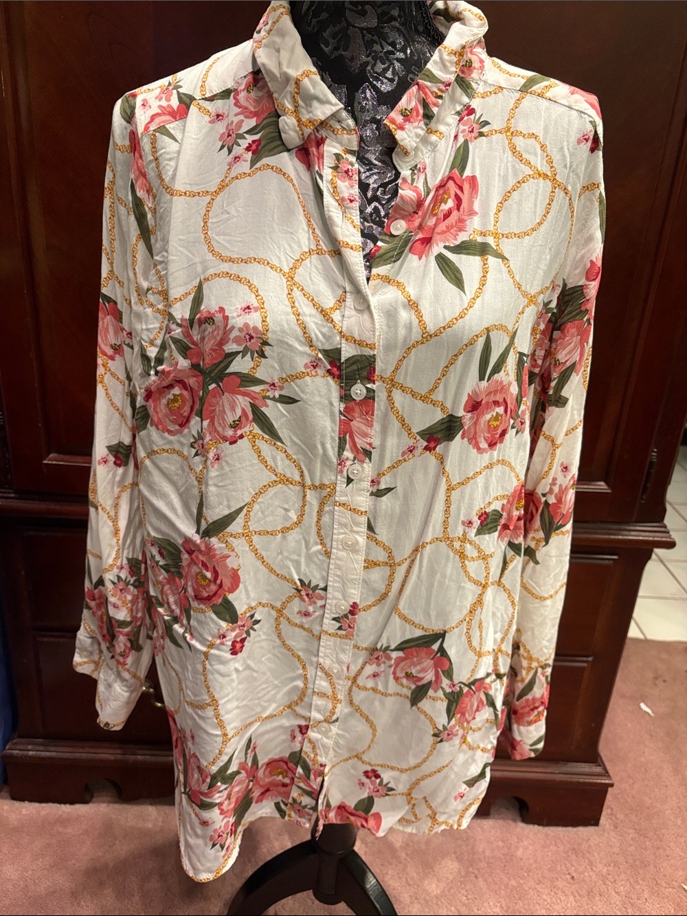 Floral Chain Print Button-Down Shirt - White/Pink